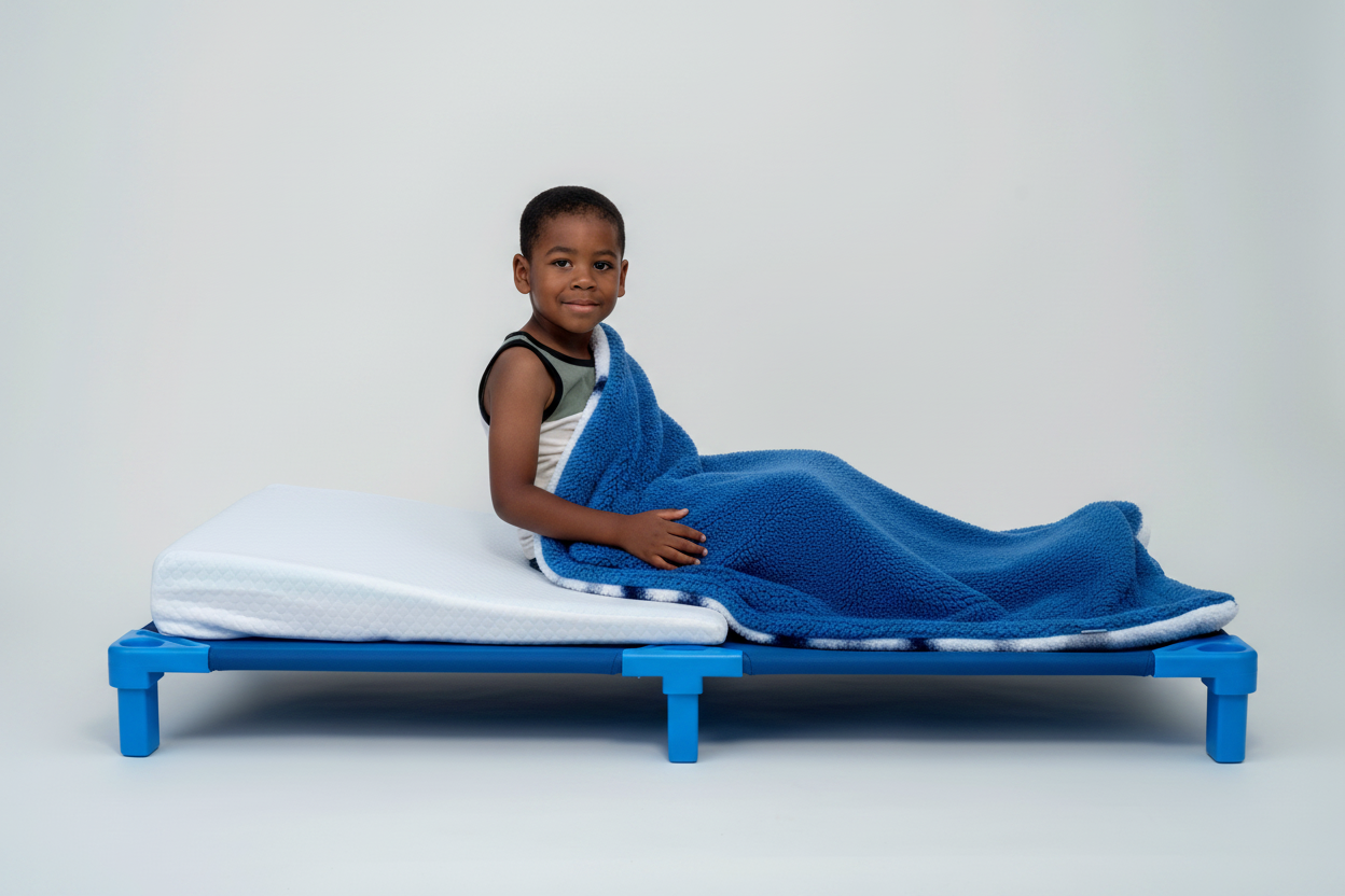 Boy on Cushion on Blue Cot